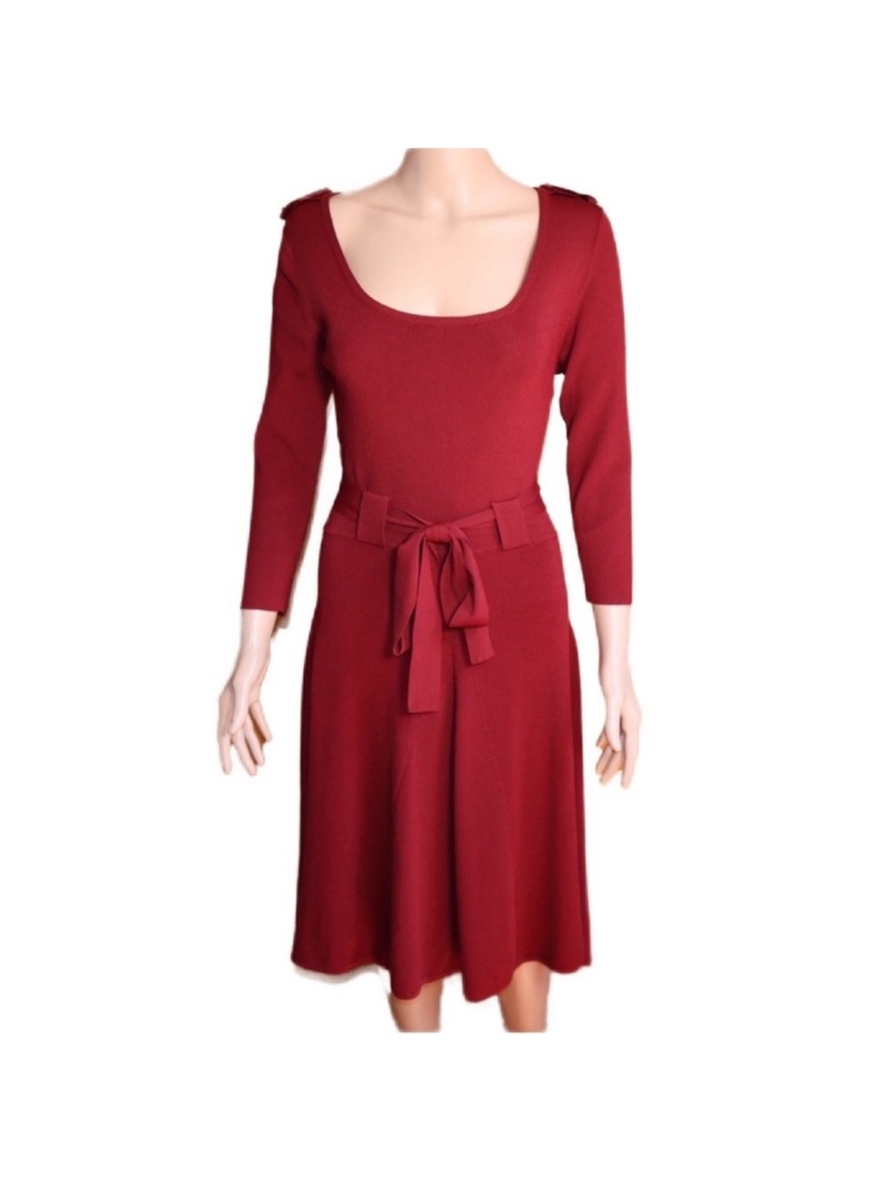 Classic Red Scoop-Neck Belted Dress